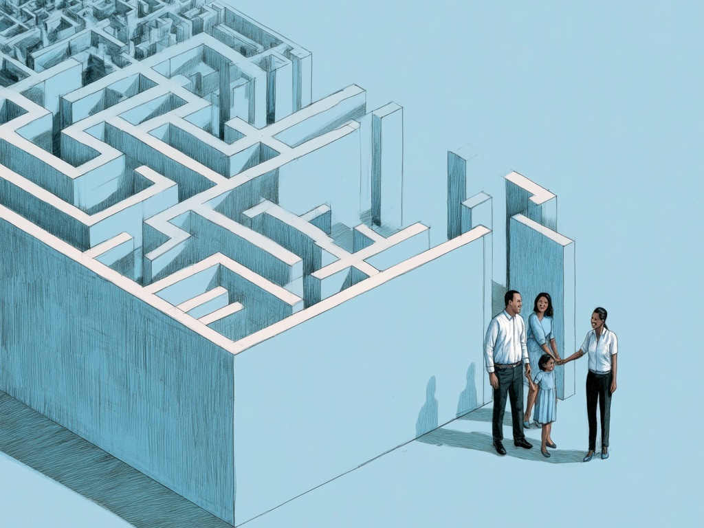A family stands at the entrance to a confusing maze, met by an advocate guiding them through